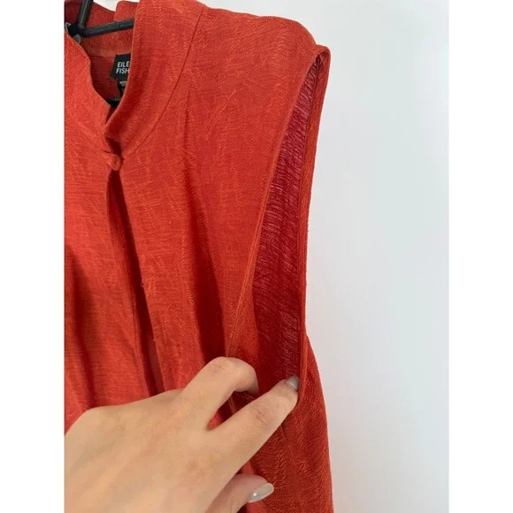 Eileen Fisher Long Vest Women's XL Linen Cotton Textured Sleeveless Red‎ Orange